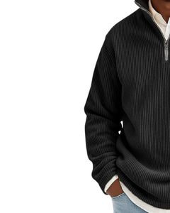 Pull en maille à col montant zippé pour homme, manches longues, couleur unie, coupe classique, décontracté, pour l'automne, 100 % coton, anti-boulochage - Product Image 2