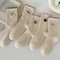 Chaussettes en coton à pois colorés et bordure volantée pour femmes, broderie animale de dessin animé, vente en gros d'usine, haute qualité