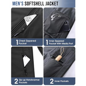 Vestes softshell pour hommes, style streetwear, couleur noire, imperméables, chaudes, rembourrées, pour l'hiver, randonnée en plein air, manteaux softshell - Product Image 4