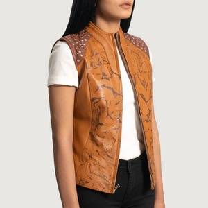 Chaleco de cuero genuino para mujer, chaleco informal marrón sin mangas con cuello alto y cremallera, chaleco con tachuelas, abrigo de moda para mujer, el más vendido - Product Image 5