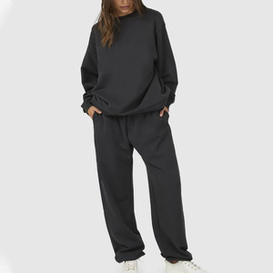 Conjunto Deportivo de Sudadera y Pantalones Extra Grandes para Mujer, Color Negro, Cuello Redondo, Manga Larga, Corte Holgado, Color Sólido, Ropa Casual de Otoño con Si - Product Image 3