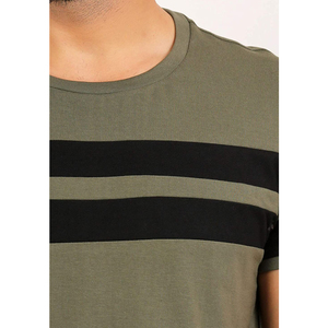 Camiseta de Manga Corta Verde Oliva para Hombre con Ribete en Contraste de Rayas Negras, Cuello Redondo, Estilo Casual, Tejido de Punto - Product Image 2