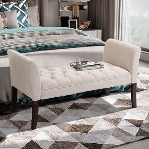 Panca Imbottita Beige con Bottoni e Gambe e Braccioli in Legno Massello per l'Uso a Fine Letto - Product Image 2