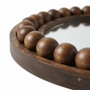 Round Wall <b>Mirror</b> Wooden Bead Frame Decorative <b>Hanging</b> <b>Mirror</b> for Bathroom Dressing Makeup Home Decor - Product Image 3