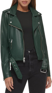 Chaqueta de Moto de Cuero Sintético Verde para Mujer, Manga Larga, Cierre de Cremallera, Color Sólido, Estilo Otoñal, Cuello Camisero, Corte Corto - Product Image 4