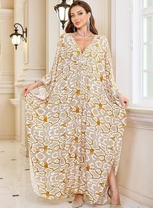 V-Neck Batwing Sleeve Geometric Print Chiffon Maxi <b>Kaftan</b> Loose Fit <b>Summer</b> Casual Dress Breathable Wrap And Tie Style - Product Image 2