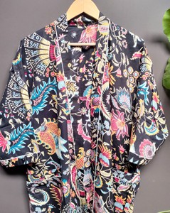 Bata Kimono con Cuello en V, Cierre de Encaje, Larga, de Manga Larga, con Estampado Floral Digital, Ecológica, Transpirable, de Secado Rápido, de Algodón - Product Image 2