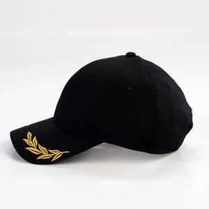 Black 6-Panel Baseball <b>Cap</b> with 3D Gold Leaf Embroidery and Button on Brim Unisex Mesh Fitted <b>Hat</b> Casual Spring Summer Style - Product Image 5