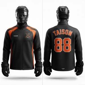 Unisex Ice Hockey Training Jacket Premium 330gsm <b>Fleece</b> Polyester Black <b>Orange</b> Contrast Panel Full Zip Custom Logo Name Autumn - Product Image 1