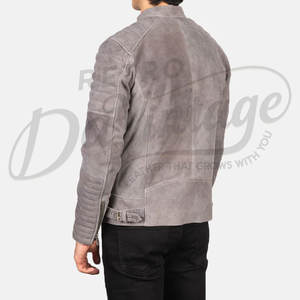 Chaqueta de motociclista Café Racer para hombre, de cuero genuino de gamuza gris, con hombros acolchados, corte ajustado, con cremallera, para motocicleta. - Product Image 2
