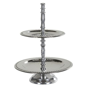 Support de service à buffet en acier et aluminium, finition argentée, bord perlé, design attrayant, 2 niveaux, pour mariages, fêtes et décoration intérieure - Product Image 1