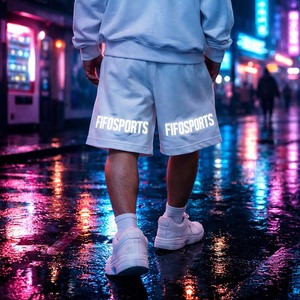 กางเกงขาสั้นผ้าฟลีซสีขาวสำหรับผู้ชาย สกรีนโลโก้ได้ สายรัดเอวแบบปรับได้ สไตล์ลำลอง สตรีทแวร์ กางเกงขาสั้นสำหรับฤดูร้อน - Product Image 5