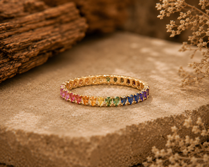 Gold Plated 925 <b>Silver</b> <b>Eternity</b> Band <b>Ring</b> with Rainbow Zircon Prong Setting Trendy Style Unisex Everyday Wear Jewelry - Product Image 3