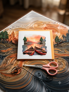Carte d'invitation personnalisée en papier 3D avec technique de quilling, scène moderne de coucher de soleil sur le lac avec canoës, impression numérique, vernissage mat, forme irrégulière - Product Image 3