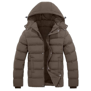 Chaqueta acolchada personalizada para hombre con cuello alto, color marrón barro, con cremallera y bolsillos, gruesa, para invierno. - Product Image 1