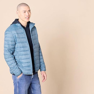 Men's Lightweight Hooded Puffer <b>Jacket</b> Solid Color Windproof Zipper Closure Casual Winter Wear Blue - Product Image 2
