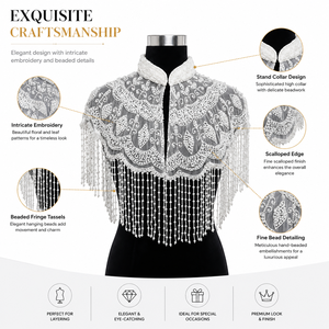 Cape de luxe en nylon brodée de perles et de dentelle, avec col, franges et pompons décoratifs, pour épaules, style nuptial, service OEM pour adultes, Ellora - Product Image 6