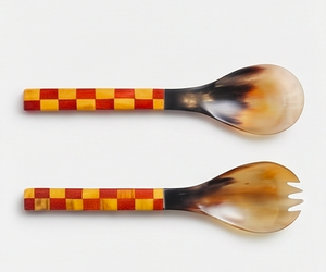 Juego de cucharas de servir de madera con mango a cuadros y cabeza de cuerno retro, de cuerno natural pulido, apto para alimentos, ideal para fiestas, ensaladas y bodas. - Product Image 1