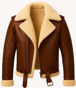 Veste d'hiver pour homme en cuir véritable, doublée polaire, col montant, boutons recouverts, coupe ample, décontractée et tendance, avec logo frontal - Product Image 1