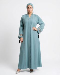 Women Floor Length Abaya V Neck <b>Long</b> Sleeve Solid Color Modest Plus Size Polyester Dubai Style Daily Wear Middle East Fashion - Product Image 1