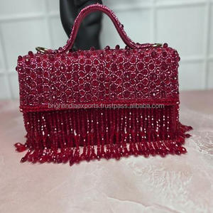 Pochette souple rouge perlée avec franges, sac à main scintillant pour soirée - Product Image 2