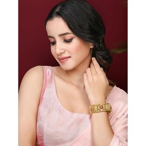 Gold Plated Bangle <b>Bracelet</b> Women's Vintage Flower Design <b>Ruby</b> Bezel Setting Wedding Jewelry Alloy Bangle - Product Image 5