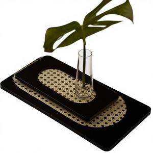 Plateau de service rectangulaire en bois, design imitation rotin, MDF noir. Idéal pour la décoration intérieure. Plateau en MDF imitation rotin pour la décoration de la maison. Craftera exporte. - Product Image 4