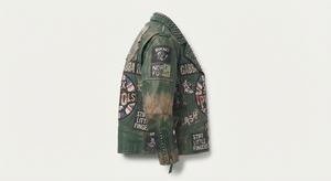 Blouson Biker en Cuir Vert Confortable Anti-UV avec Patchwork en Jean Déchiré et Col à Clous Zippé pour le Streetwear - Product Image 2