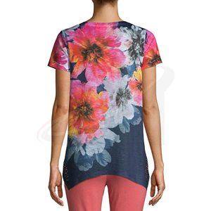 Camiseta de manga corta con cuello en V y estampado floral para mujer, corte holgado, dobladillo asimétrico, estilo informal para primavera y verano - Product Image 2