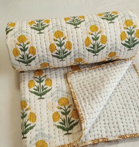 TheFabira Indian Handcrafted Traditional <b>Neutral</b> Floral Print 100% Cotton Kantha Quilt Eco-Friendly Reversible All-Season 60x90 - Product Image 6