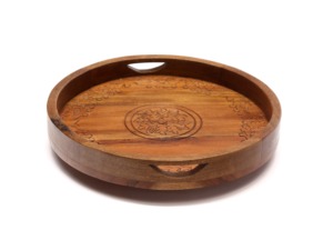 Round Wooden Serving Tray with Handles Red Geometric Patterned Decorative <b>Platter</b> Handmade Food Serving <b>Platter</b> Tray For Tea - Product Image 3