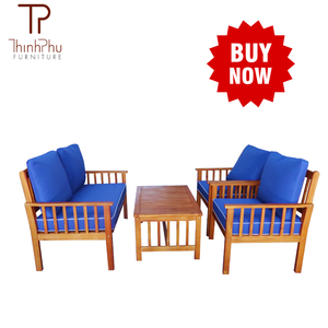 <b>Garden</b> Set 4 Seater Modern Design Outdoor Furniture with Blue Cushions Weather Resistant Solid Wood Frame - Product Image 4