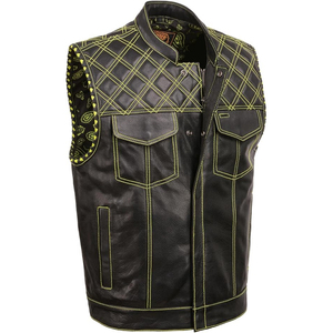 Samroz Sports <b>Men's</b> <b>Black</b> Paisley Lined Leather <b>Vest</b> w/Neon Green Stitching & Armhole Trim - Product Image 1