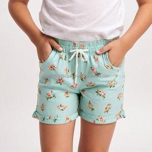 Short fille décontracté confortable taille haute élastique avec bouton décoration solide motifs personnalisés coton sergé tissé tissu enfants - Product Image 2