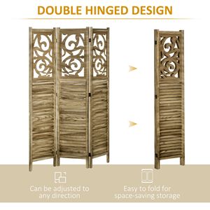 Handcrafted 3-Panel Wooden Room Divider Double Hinged <b>Folding</b> Privacy <b>Screen</b> Traditional Design Brown for Home Office 63x67x075 - Product Image 6