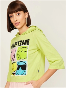 Sudadera con Capucha Verde Lima para Mujer, Estampado de Dibujos Animados Happy Zone, Talla Grande, Manga Tres Cuartos, 100% Algodón Tejido, Estilo Veraniego - Product Image 3