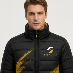 Chaqueta Acolchada Storm Fit para Hombre, Negra y Amarilla, Cuello Alto, Cierre de Cremallera, Resistente al Viento, Diseño Deportivo Estampado, Corte Regular - Product Image 5