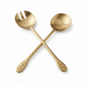Ensemble de service à salade au design attrayant en bambou doré, cuillère et fourchette en acier inoxydable, ustensiles de table pour hôtel, pour mariage et fête - Product Image 6