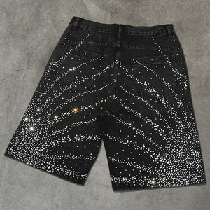 Men's Mid Waist Rhinestone Denim Bermuda <b>Shorts</b> Street Style <b>Sequined</b> 100% Cotton Canvas Zipper Fly Solid - Product Image 3