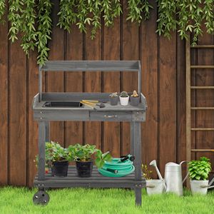 Banco da Giardinaggio in Legno Grigio con Ruote, Lavello Esterno, Cassetto e Spazi di Stoccaggio - Product Image 2