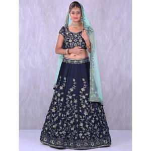 Lehenga choli ผ้าไหม banglory สีน้ำเงินเข้มพร้อมงานปักผ้า - Product Image 1
