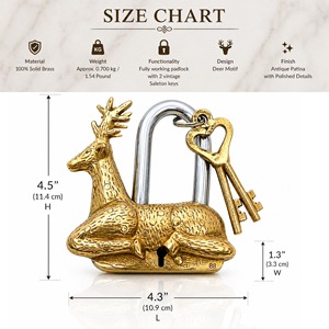 Gold Antique Brass <b>Padlock</b> with Deer Shaped Vintage Style Spiritual Safety Lock Decorative Collectible for Home Temple Gift Use - Product Image 3