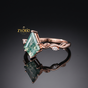 Anillo de compromiso de ágata musgosa con corte cometa, oro macizo de 10K, anillo de boda con diseño de hoja inspirado en la naturaleza para mujer - Product Image 1