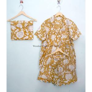 Ensemble de pyjama en coton à manches courtes, imprimé floral, col élégant, boutons, longueur courte, tenue de demoiselle d'honneur, automne, doux et respirant - Product Image 6