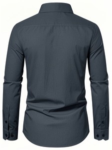 Camisa de Vestir Casual para Hombre, Color Gris Oscuro Sólido, Manga Larga, Cuello con Botones, Ecológica, Transpirable, Antiarrugas, Popelina - Product Image 2