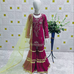 Kids Designer Pink Sharara Set with Heavy Embroidered <b>Kurti</b> – Girls Ethnic Wedding Party Wear Outfit - Product Image 1