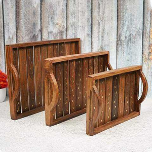 Grand plateau de service en bois naturel avec poignées pour table basse ottoman, style américain, utilisation salon et salle de bain, compartiment unique - Product Image 4