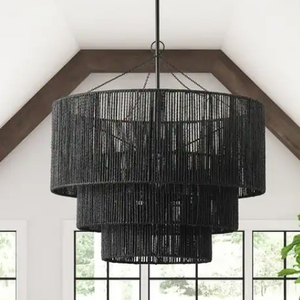 Farmhouse Matte Black <b>Rope</b> Paper Craft Pendant <b>Light</b> Hand-Woven Hanging Lamp - Product Image 1