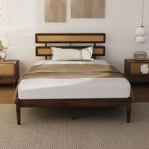 Letto matrimoniale in legno stile bohémien con finitura in noce scuro e rattan, testiera doppia con accenti in legno di pino verniciato - Product Image 6