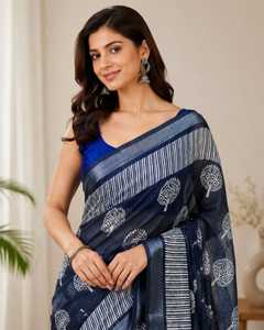 Sari en coton et lin bleu avec imprimé géométrique et bordure argentée, vêtement décontracté pour femmes, style indien traditionnel, longueur au sol, Bengale occidental - Product Image 2